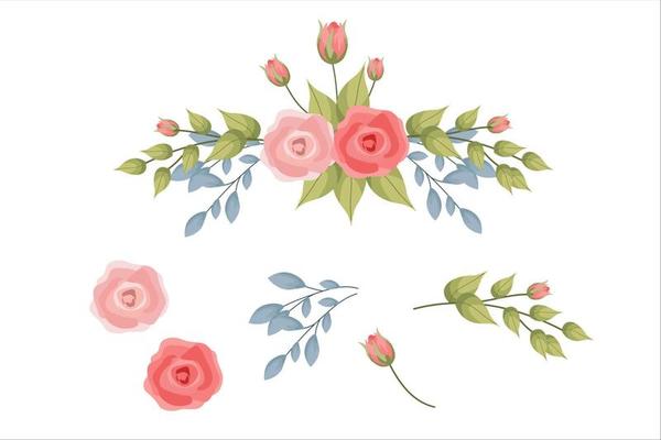 Set of pink flowers and green leaf clipart isolated