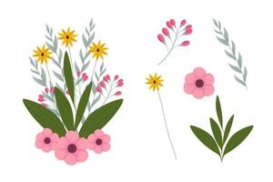 Set of pink floral elements and arrangements vector