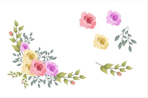 Set of pink brown flowers and green leaf clipart isolated