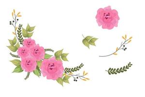 Set of pink flowers and green leaf clipart isolated vector