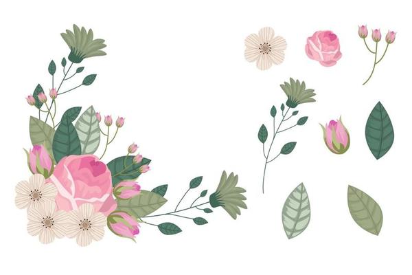 Set of pink brown floral elements and arrangements