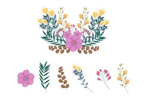 Set of pink floral elements and arrangements vector