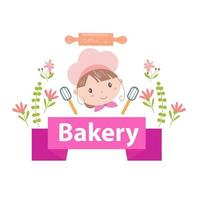 ilustración de vector de logotipo de panadería con arte de dibujos animados de niña linda