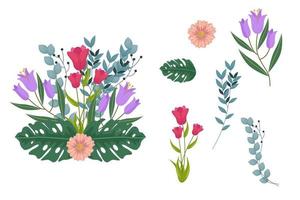 Set of brown pink floral elements and arrangements vector