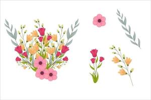 Set of pink floral elements and arrangements vector