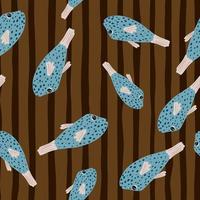 Abstract underwater seamless pattern with random blue fish elements. Brown striped background. Simple style. vector