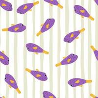 Random bright purple random fish seamless doodle pattern. Light striped background. Ocean shapes. vector