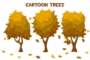 Set of vector isolated cartoon autumn trees and leaf fall. A collection of dry orange trees.