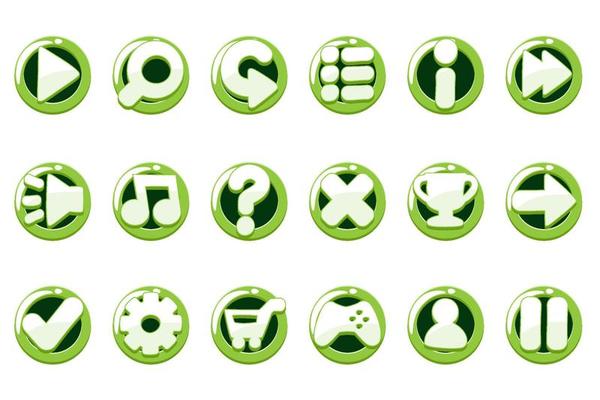 Set of glossy green buttons for graphical interface. Icons for games with different options.