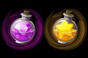 ilustración vectorial de frascos de pociones o elixir con íconos. conjunto de botellas de poción con un diamante y una estrella dorada vector