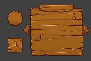 concepto vectorial de interfaz de usuario de madera para juegos. plantilla de un viejo tablero marrón y botones para el menú. vector