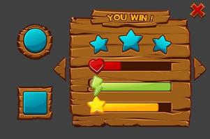 Concept of vector game wooden interface you win. Game window with buttons and icons.