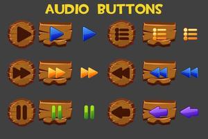 Vector isolated colored wooden audio buttons for menu. Old wooden frames with icons for music.