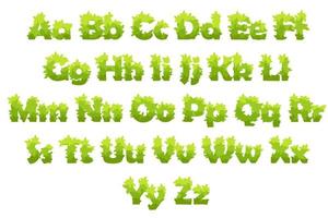 Vector set of cartoon letters from green grass. Illustration of isolated alphabet, letters from leaves.
