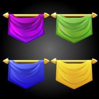 Vector set of templates of multicolored flags. A collection of bright blank hanging flags for the game.