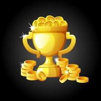 Vector gold cup with coins for the winner. Illustration cup with riches for a champion.