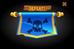 Vector pop up defeat flag for game. Hanging banner with a skull and the inscription lose.