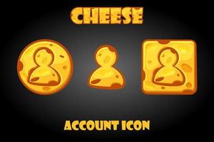 Cheese accounts buttons to the game menu. Vector set of cartoon icons for GUI