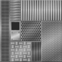 Metallic textured backgrounds, different graphic design patterns. Vector illustration of an iron mesh, lattice, ventilation.