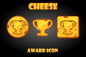 Cheese buttons with a reward icon for the game. Vector icons with a cup for the menu.