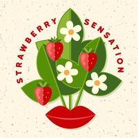 Label with strawberry bush, flowers, ripe berries, red lips, text in simple minimal style. Good for branding, decoration of food package, cover design, decorative apparel print vector
