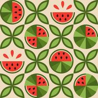 Seamless staggered pattern with watermelon elements, simple geometric shapes. Leaves, watermelon slices. Good for decoration of food package, cover design, decorative print, background. Vector