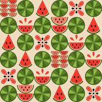 Seamless staggered pattern with watermelon elements, various simple geometric shapes. Leaves, watermelon slices. Good for decoration of food package, cover design, decorative print, background Vector