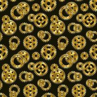 Seamless mechanical pattern with polished gold machine gears on a black background. Steampunk style. vector