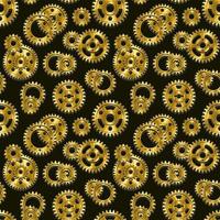 Seamless mechanical pattern with polished gold machine gears on a black background. Steampunk style. vector