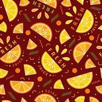 Seamless background with orange, lemon slices, abstract geometric shapes. Memphis geometric elements. Good for branding, decoration of food package, cover design, decorative print, textile, fabric. vector