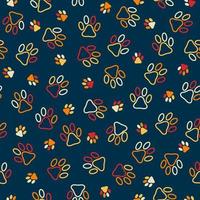 Seamless pattern with muliticolor contour cat footprint on blue background vector