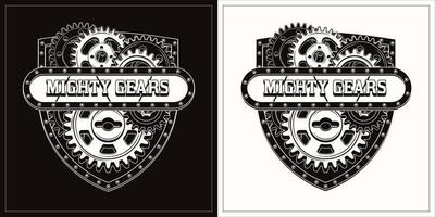 Vintage label in the shape of crest with black, white gears, metal rail, rivets, horizontal space for text. Monochrome emblem for repair service in steampunk style. vector