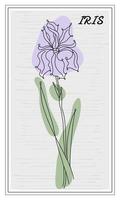 Linear flower Iris with abstract green, violet abstract shapes on striped textured background. vector