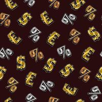 Seamless pattern with gold, silver, bronze US dollar, euro and percent symbols on brown background. Vintage style. vector