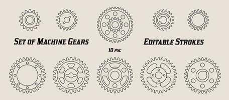 Set of machine gears with editable strokes. Simple shapes in line art style. Vector. vector