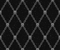 patrón geométrico vintage con cadenas de acero y remaches. cuadrícula de rombos sobre un fondo texturizado negro con partículas pequeñas como polvo, motas. vector