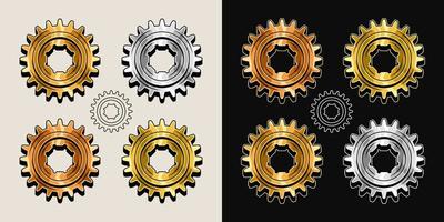 Gold, brass, copper, steel polished gears in vintage style. Base shape of gears with editable strokes. Good for decoration in steampunk style. Vector. vector