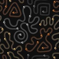 Seamless pattern with various abstract shapes of shiny metal chains and beads on black background. Golden, silver, bronze, black steel colors. Vector illustration for print, fabric, textile.