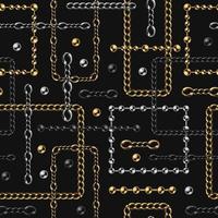 Seamless background with metal beads, rectangular shapes from realistic metal chains on black background. Golden, silver, black steel colors. Vector illustration for print, fabric, textile.