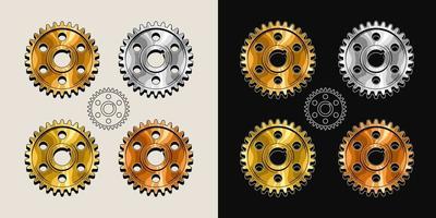 Gold, brass, copper, steel polished gears in vintage style. Base shape of gears with editable strokes. Good for decoration in steampunk style. Vector