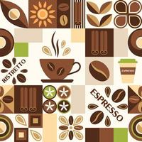 Coffee theme background with design elements in simple geometric style. Seamless pattern with abstract shapes. Good for branding, decoration of food package, cover design, decorative print, background vector