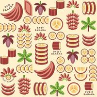 Seamless background with banana design elements, logo in simple geometric graphic style. Vector pattern is good for branding, decoration of food package, cover design, decorative print, background