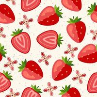 patrón con fresas enteras maduras y rodajas de bayas sobre fondo texturizado con pequeñas partículas como polvo, motas. ilustración brillante simple. para la decoración de envases de alimentos, láminas decorativas vector