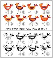 The educational kid matching game. For preschool kids. Task is to compare items and find two identical birds. Small cute birdies on thin legs. Vector