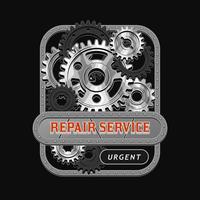 Vintage rectangular label with black, silver steel gears, metal rail, rivets, horizontal space for text. Emblem for repair service in steampunk style. . Good for craft design. vector