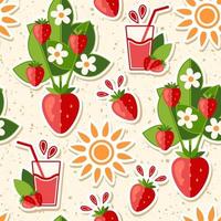 Pattern with juicy strawberries, smoothie, sun, strawberyy bush on textured background with small particles like dust. SImple bright illustration. For decoration of food package, decorative prints vector