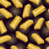 Pattern with volumetric pure gold bars and dotted halftone round shapes. Vintage vector illustration on a dark background.