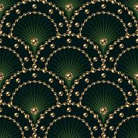 Seamless green pattern with fan shaped grid, gold ball chains, beads, thin color rays inside of grid cell. Classic luxury background. vector