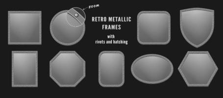 Set of metallic frames of various shapes with rivets. Retro style with hatching as gradient. Good for decoration in steampunk style. vector