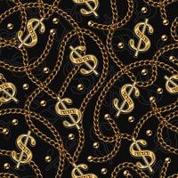 Seamless pattern with shiny gold usa dollar sign, metal classic chains, beads on a black background. Concept of wealth and luxury. Bright vector illustration.